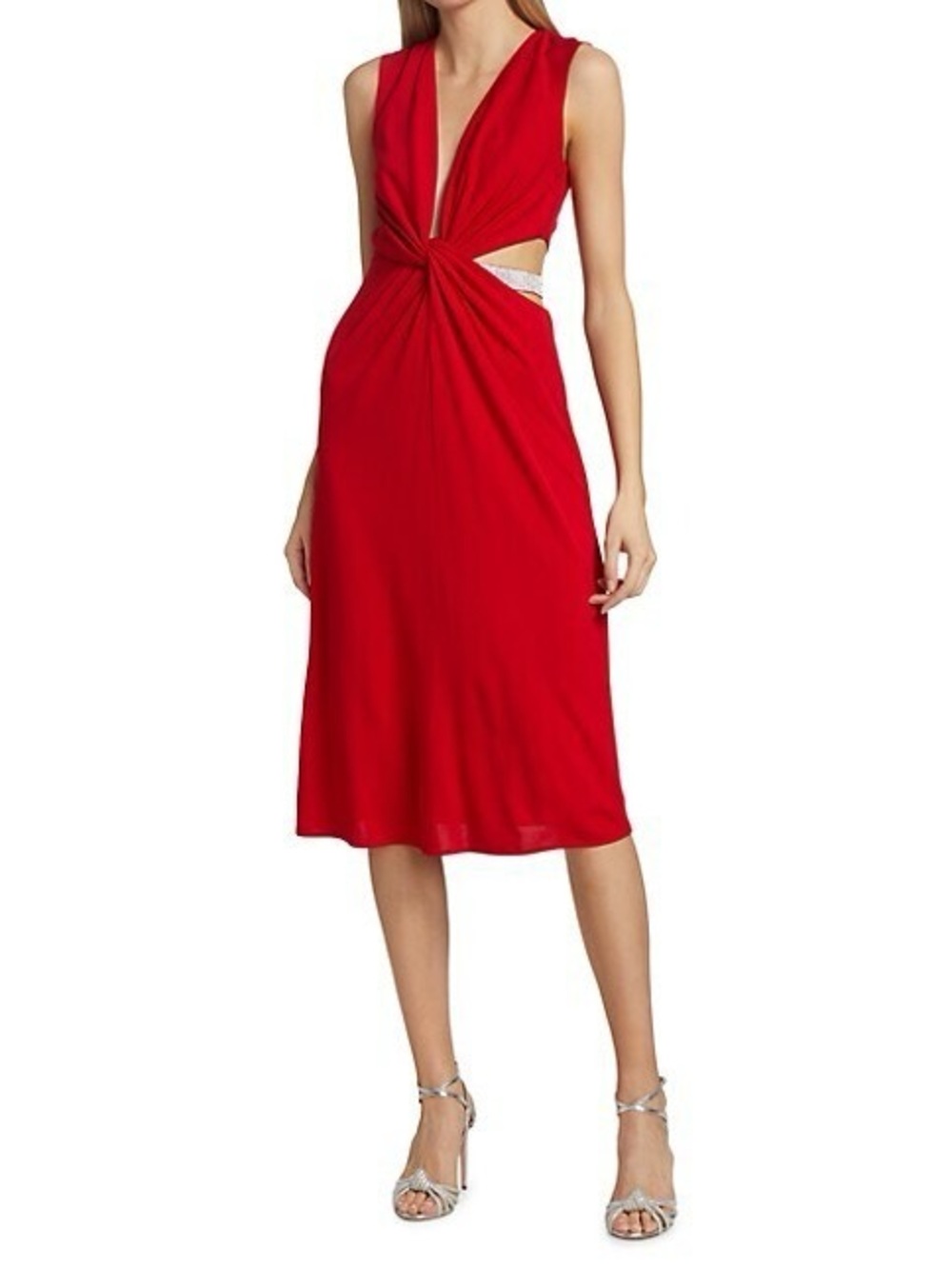 NWT Halston Heritage Selena Crystal Red Twist-Knot V-Neck Midi Dress Size 4